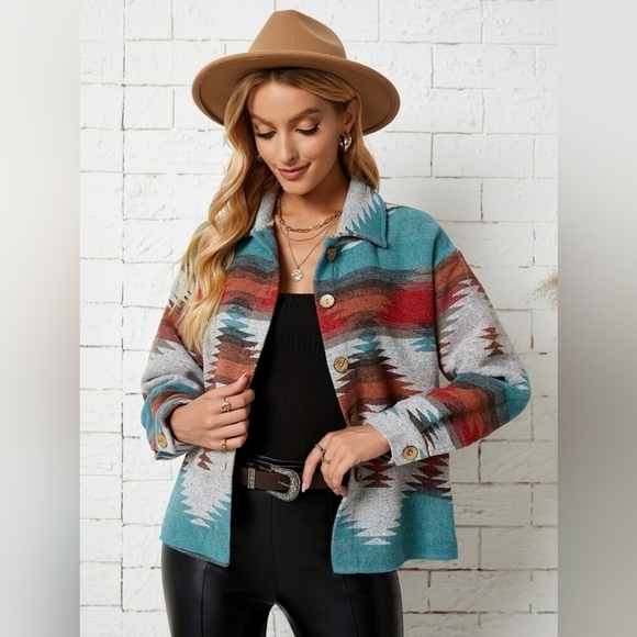 Emery Rose Geo Print Aztec Drop Shoulder Shacket Jacket XL - Picture 2 of 9